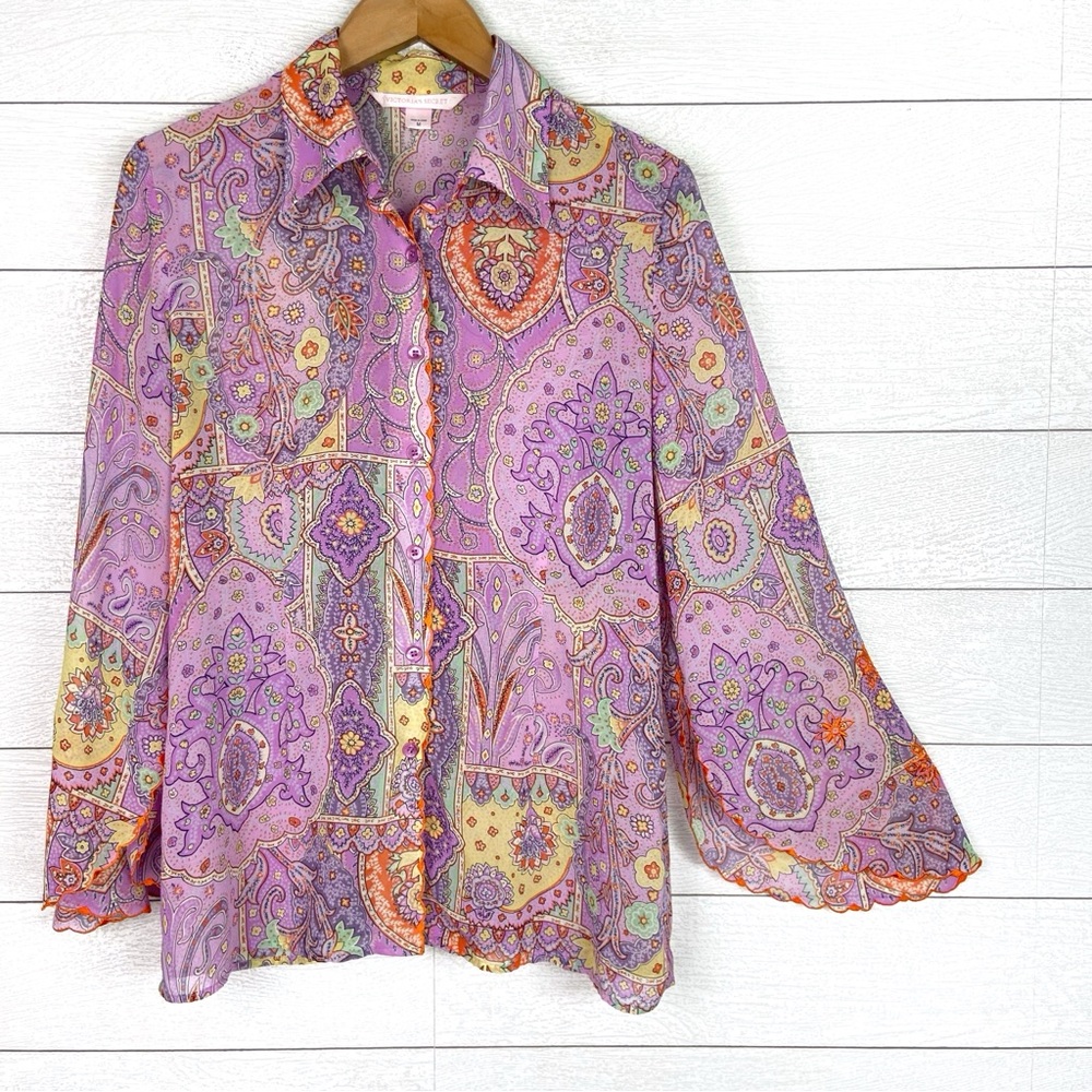 VICTORIAS SECRET Vintage Sheer Floral Embroidered Top Purple Medium Boho Whimsy